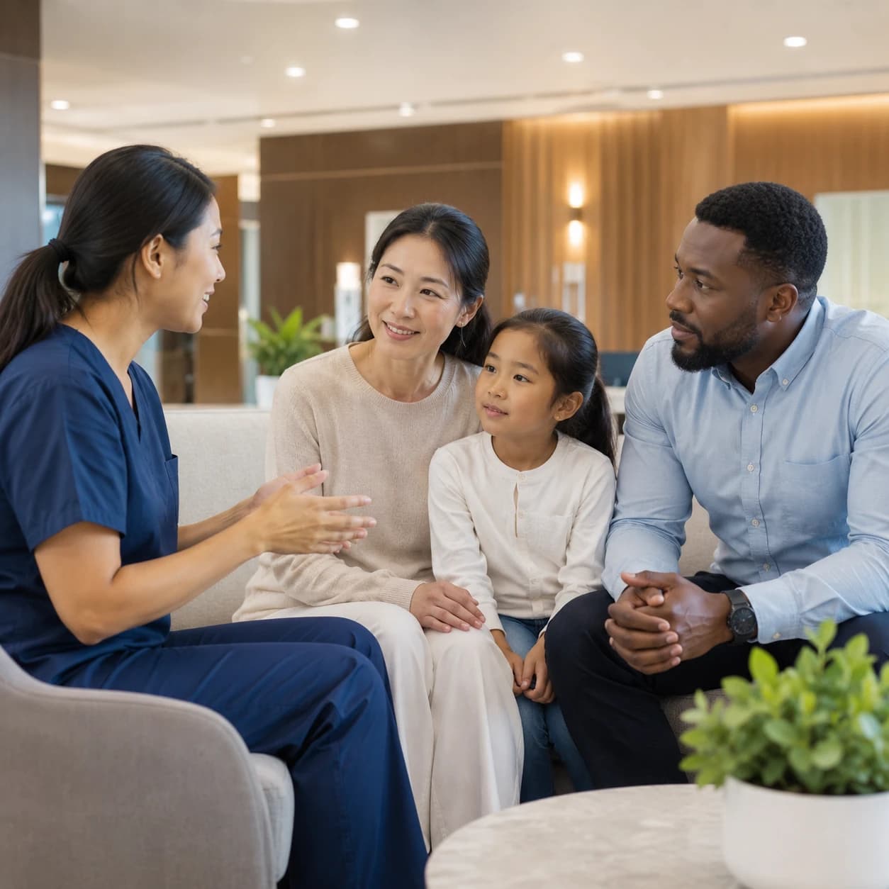 Family receiving care guidance during a hospital consultation